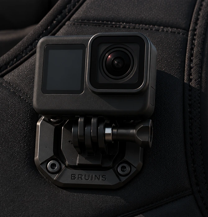 Close-up of action camera fixed directly to the jacket chest mount